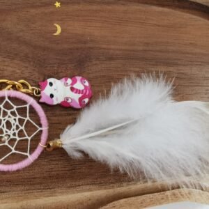 Porte-clés attrape-rêves rose avec plume et breloque chat rose