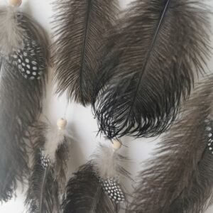 Zoom sur la texture des plumes d'autruche, de pintades et perles en bois d'un attrape-rêves mural.
