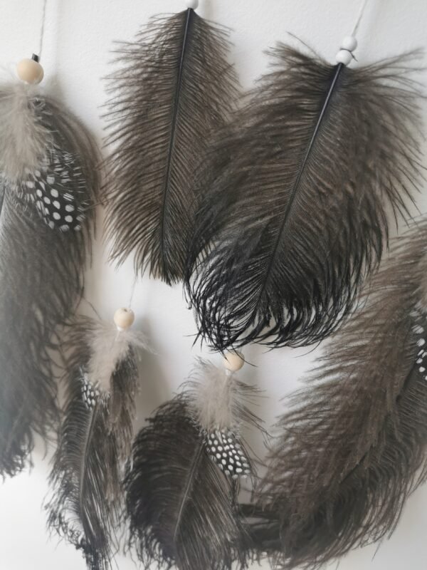 Zoom sur la texture des plumes d'autruche, de pintades et perles en bois d'un attrape-rêves mural.