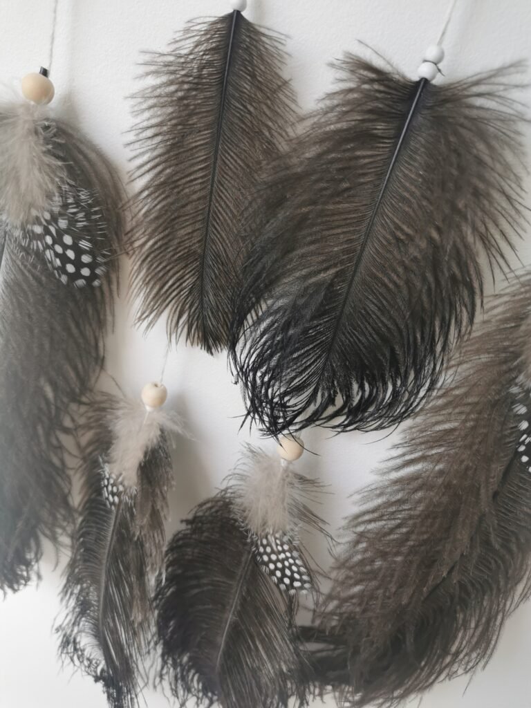 Zoom sur la texture des plumes d'autruche, de pintades et perles en bois d'un attrape-rêves mural.